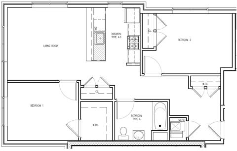 Floor plan for 2 beds, 1 bath, 850 sqft